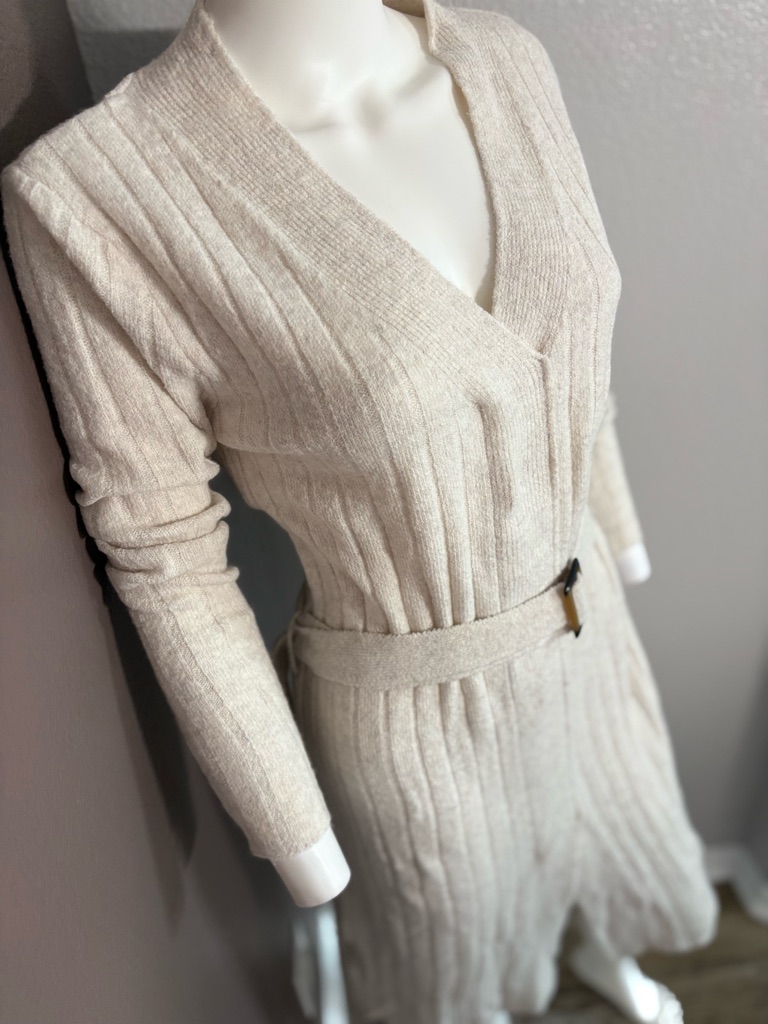 Kendall & Kylie Cream Ribbed V-Neck Belted Midi Dress — image 3 of 8